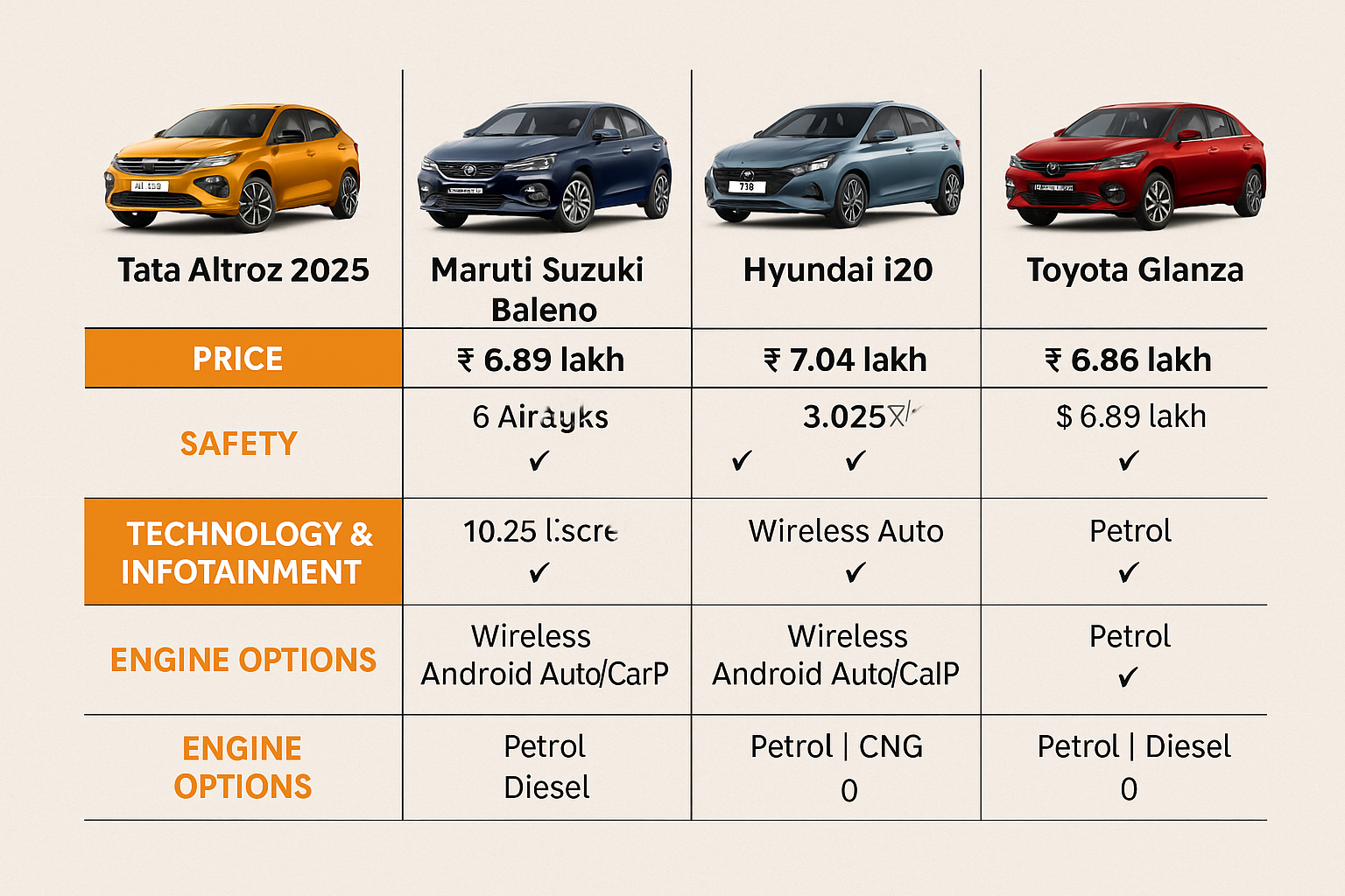 Side-by-side comparison of 2025 Tata Altroz facelift with Baleno, Hyundai i20, and Toyota Glanza