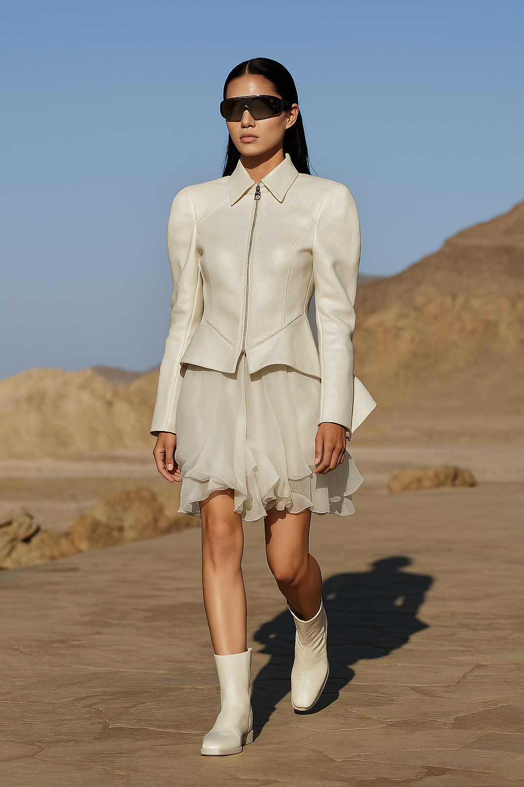 A model walks confidently on a stone path in the desert during the Louis Vuitton Cruise 2026 show. She wears a structured, ivory leather jacket with a flared, sheer chiffon skirt and matching ankle boots. Her look is completed with sleek, futuristic sunglasses, framed by a clear blue sky and sunlit desert mountains in the background.