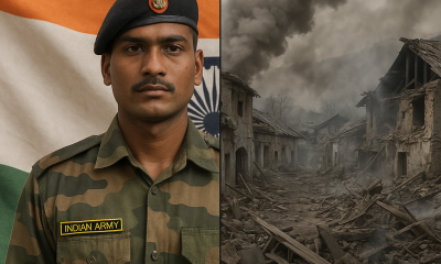 Indian Army soldier with Indian flag and destroyed village in Poonch