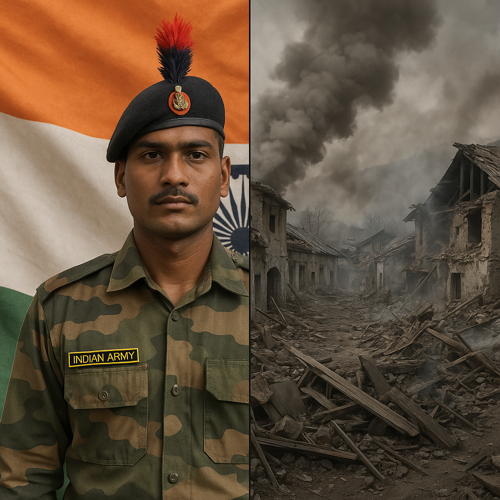 Indian Army soldier with Indian flag and destroyed village in Poonch