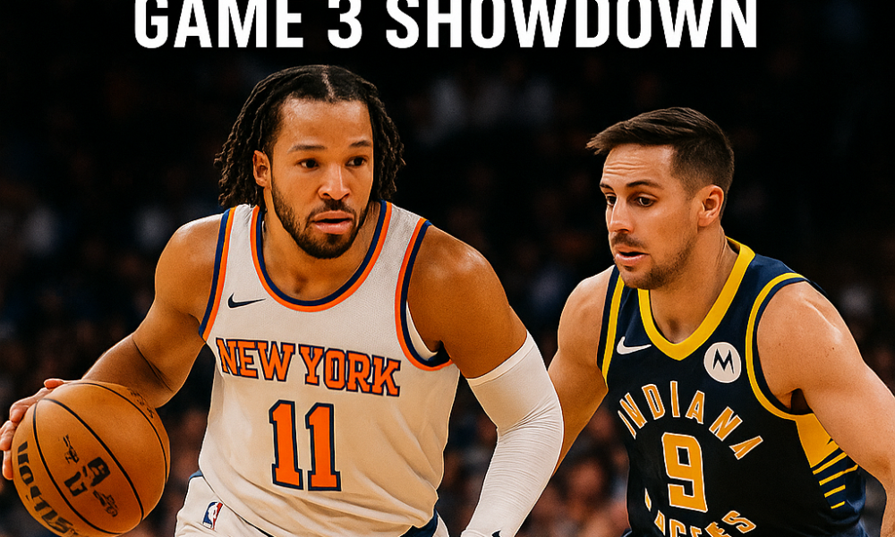 Knicks vs Pacers Game 3 – 2025 Eastern Conference Finals showdown with dramatic arena backdrop.
