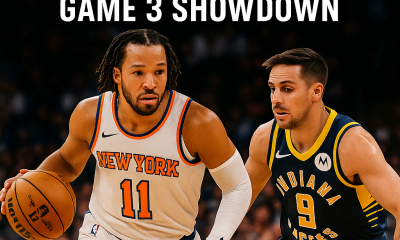 Knicks vs Pacers Game 3 – 2025 Eastern Conference Finals showdown with dramatic arena backdrop.