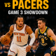 Knicks vs Pacers Game 3 – 2025 Eastern Conference Finals showdown with dramatic arena backdrop.