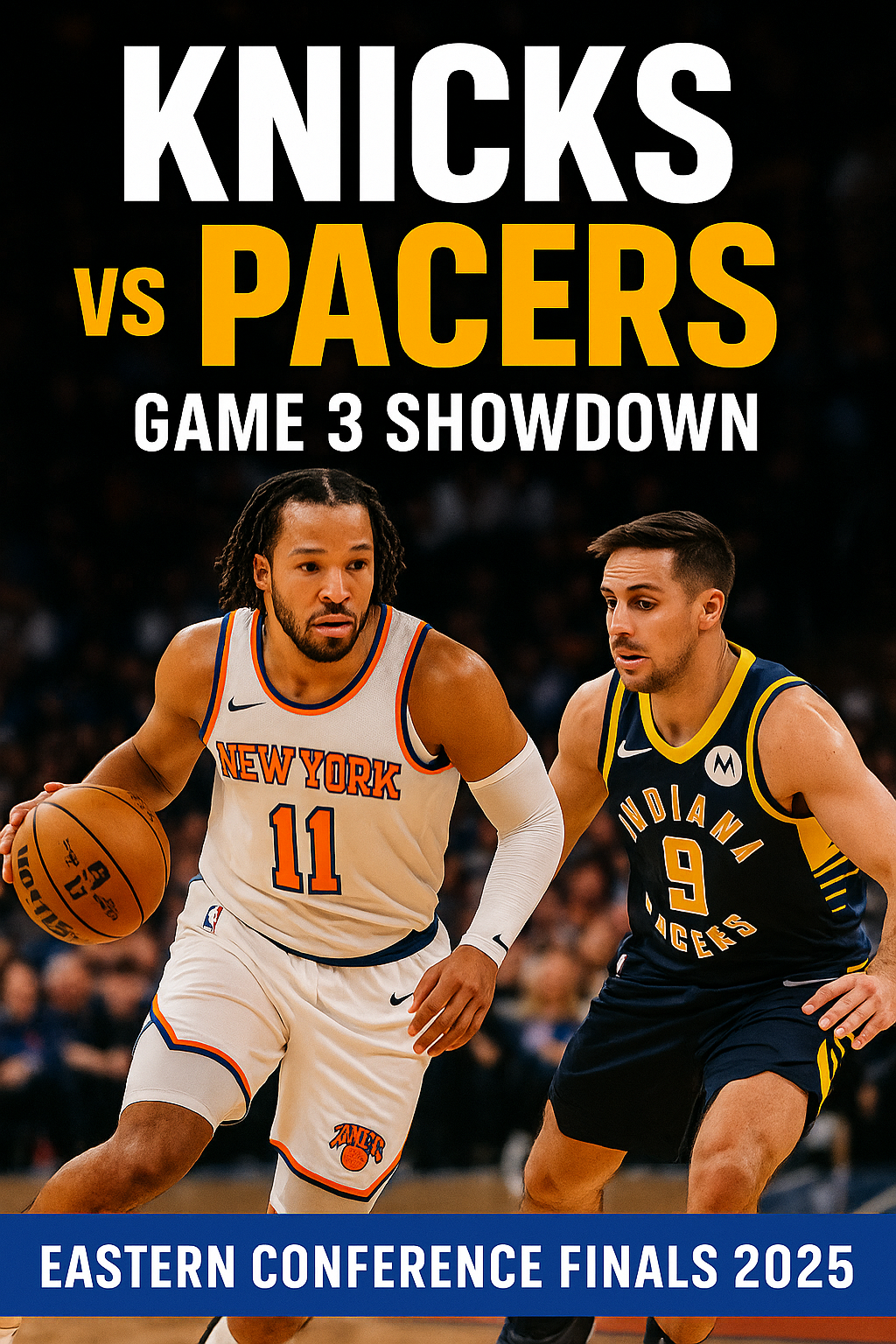 Knicks vs Pacers Game 3 – 2025 Eastern Conference Finals showdown with dramatic arena backdrop.