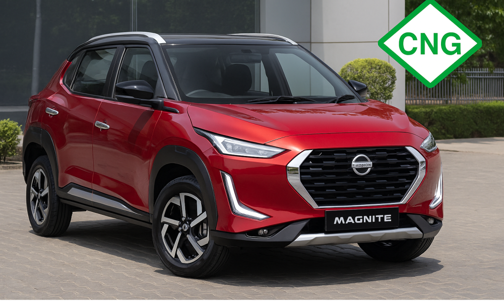 Red Nissan Magnite CNG with CNG Emblem