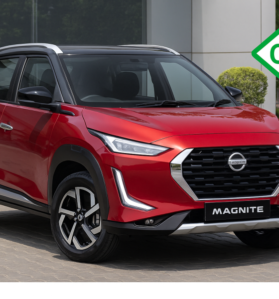 Red Nissan Magnite CNG with CNG Emblem