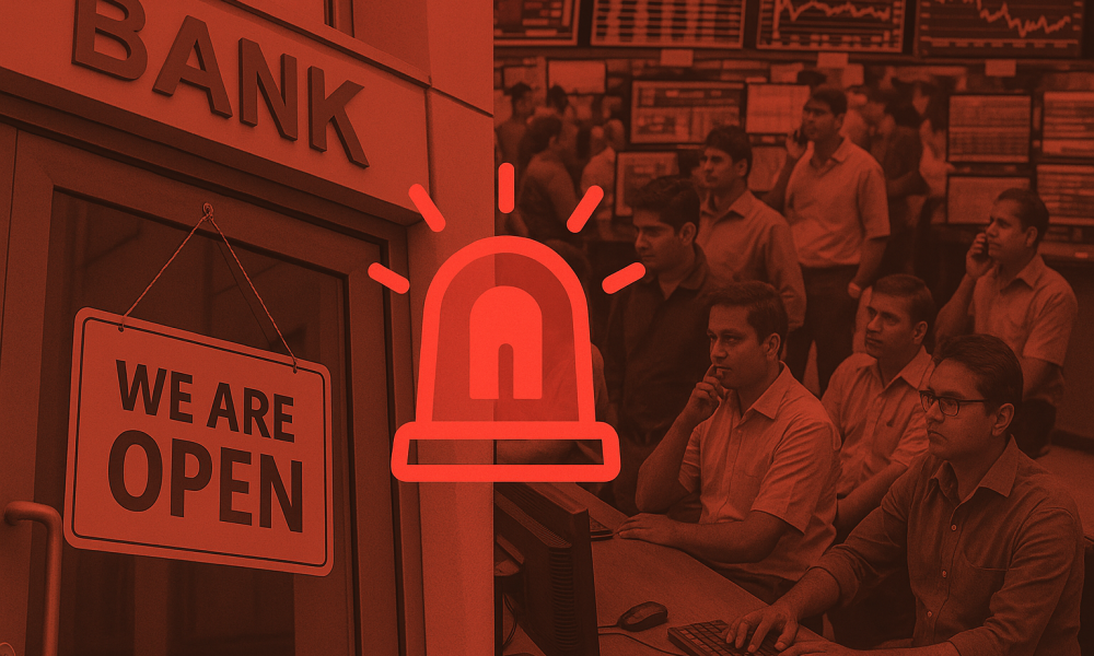 Bank branch and stock market trading floor with siren overlay