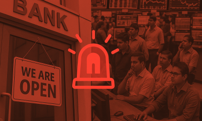 Bank branch and stock market trading floor with siren overlay