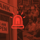 Bank branch and stock market trading floor with siren overlay