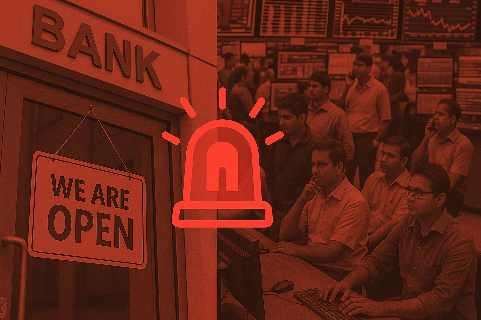 Bank branch and stock market trading floor with siren overlay