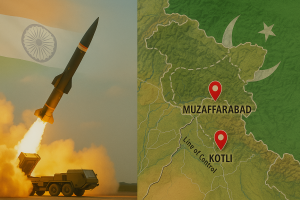 Missile launch and map of Kashmir with India-Pakistan flags