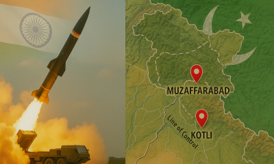 Missile launch and map of Kashmir with India-Pakistan flags