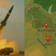 Missile launch and map of Kashmir with India-Pakistan flags